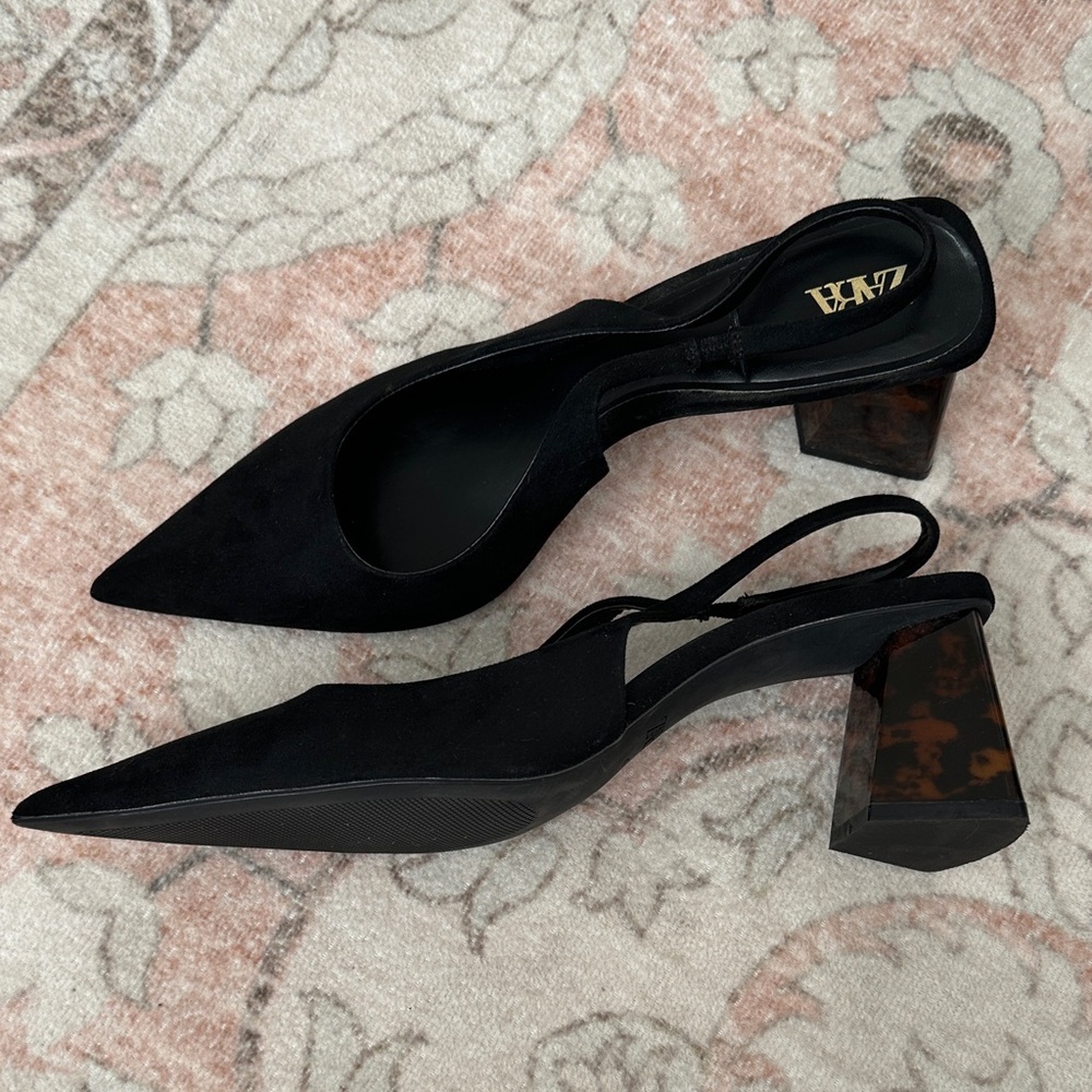 Zara Black Slingback Heels with Tortoiseshell Block Heel